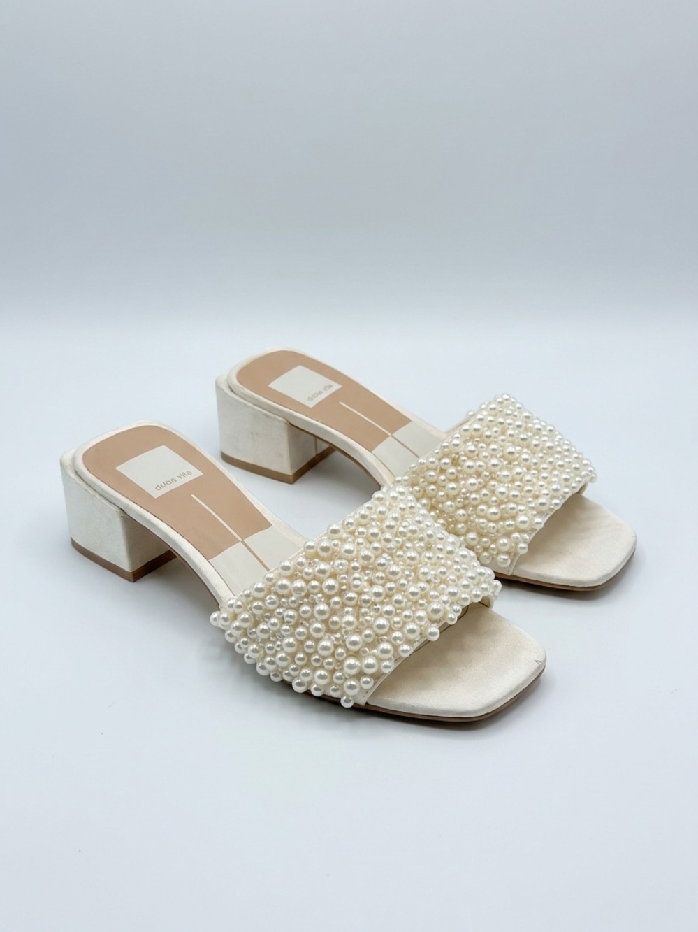 Dolce Vita Pearl-Embellished Cream Block Heel Mules